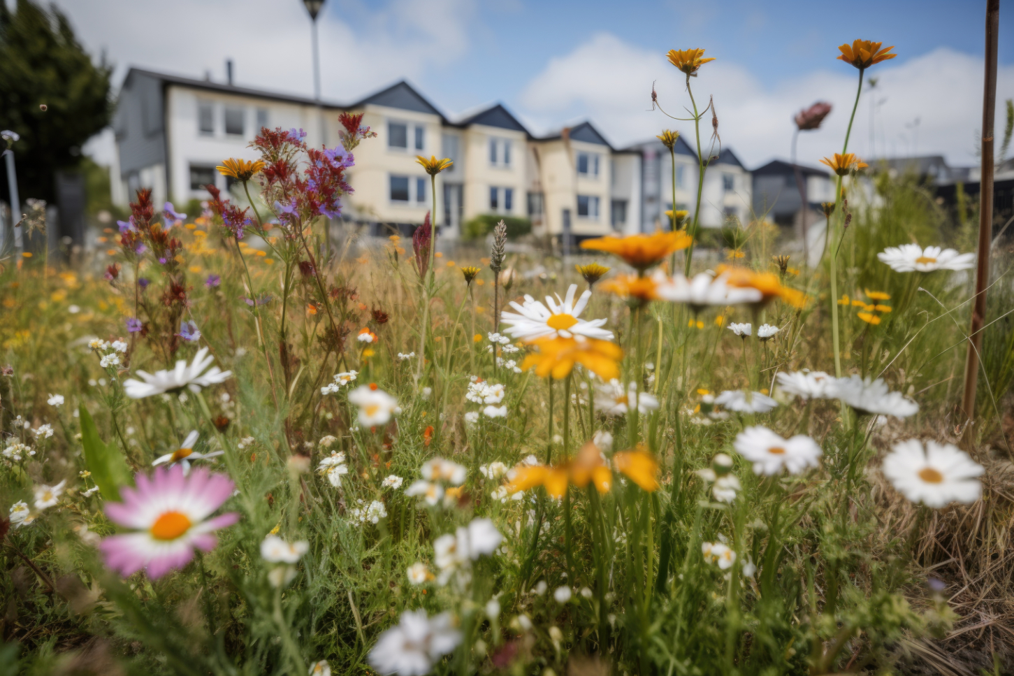 wildflower meadow planted among community garden beds FC IDA Senior Housing Photo