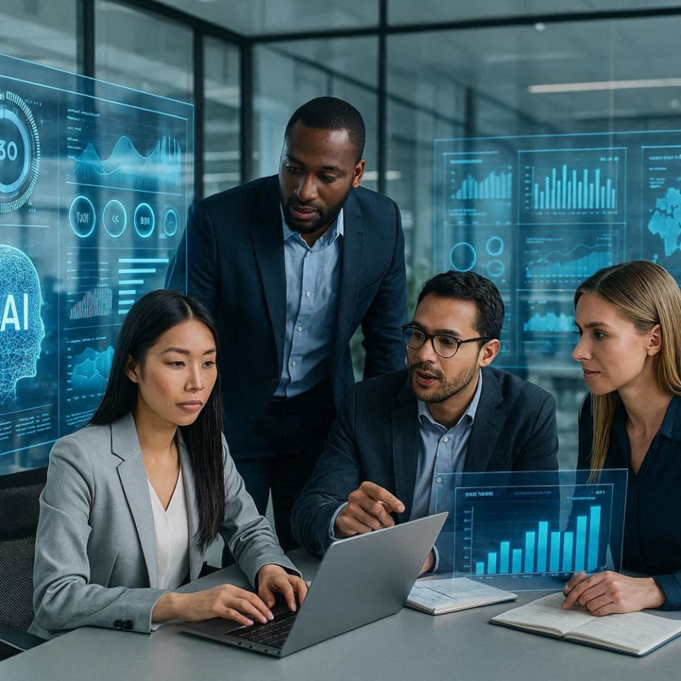 multiethnic businesspeople working with laptop and digital charts in office economic development photo