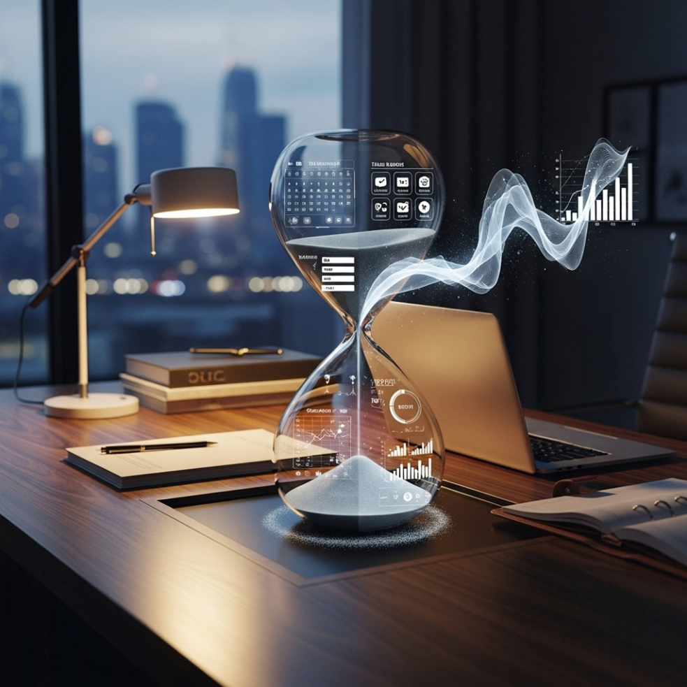 Laptop and hourglass on table in office. Time management concept. 3D Rendering approval timelines photo