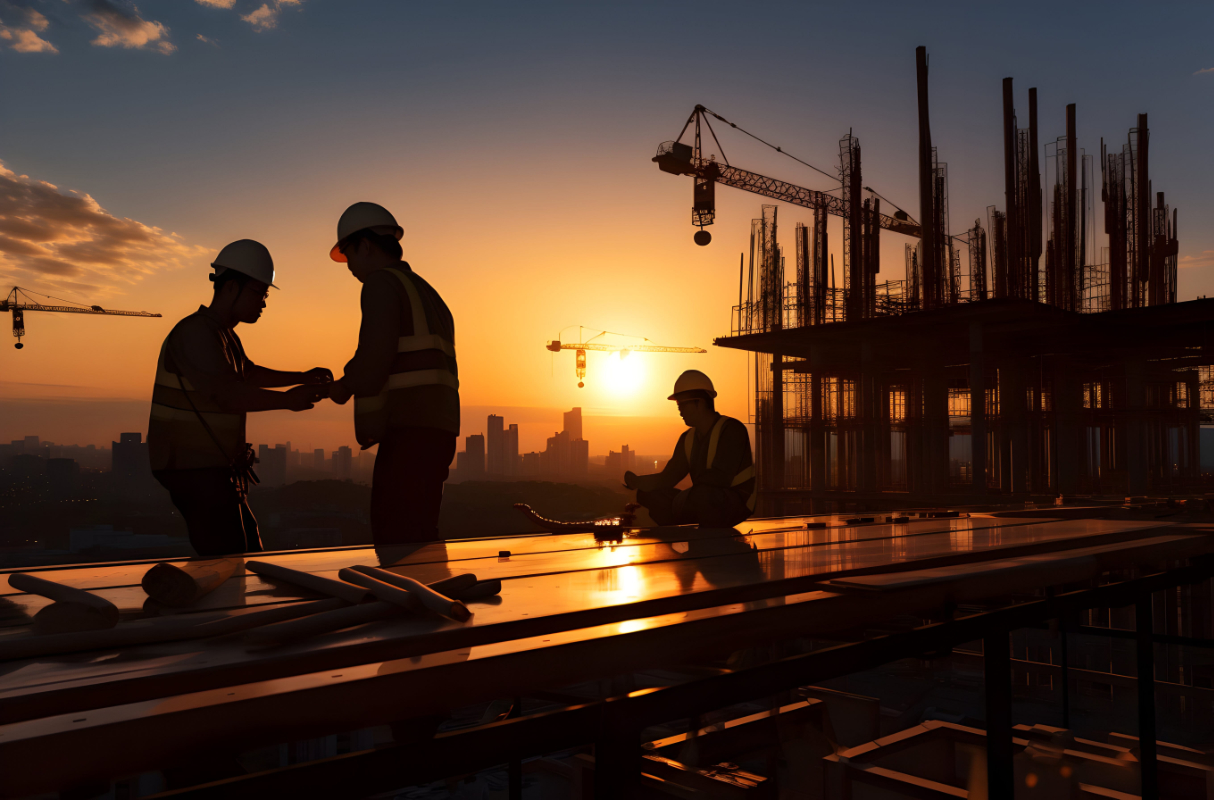 Silhouette of Engineer and Architect working on construction site at sunset Photo of construction site