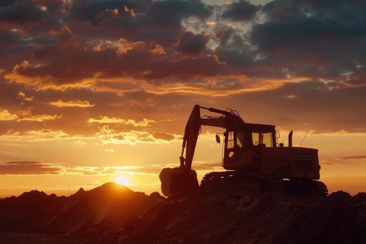 Digger on construction site in the background at sunset photo of infrastructure-ready site
